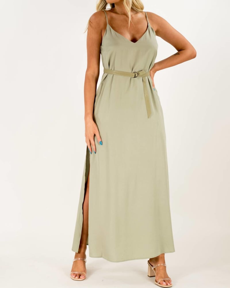 Front of a model wearing a size LARGE Molly Belted Dress In Jade in Jade by LBLC THE LABEL. | dia_product_style_image_id:345243